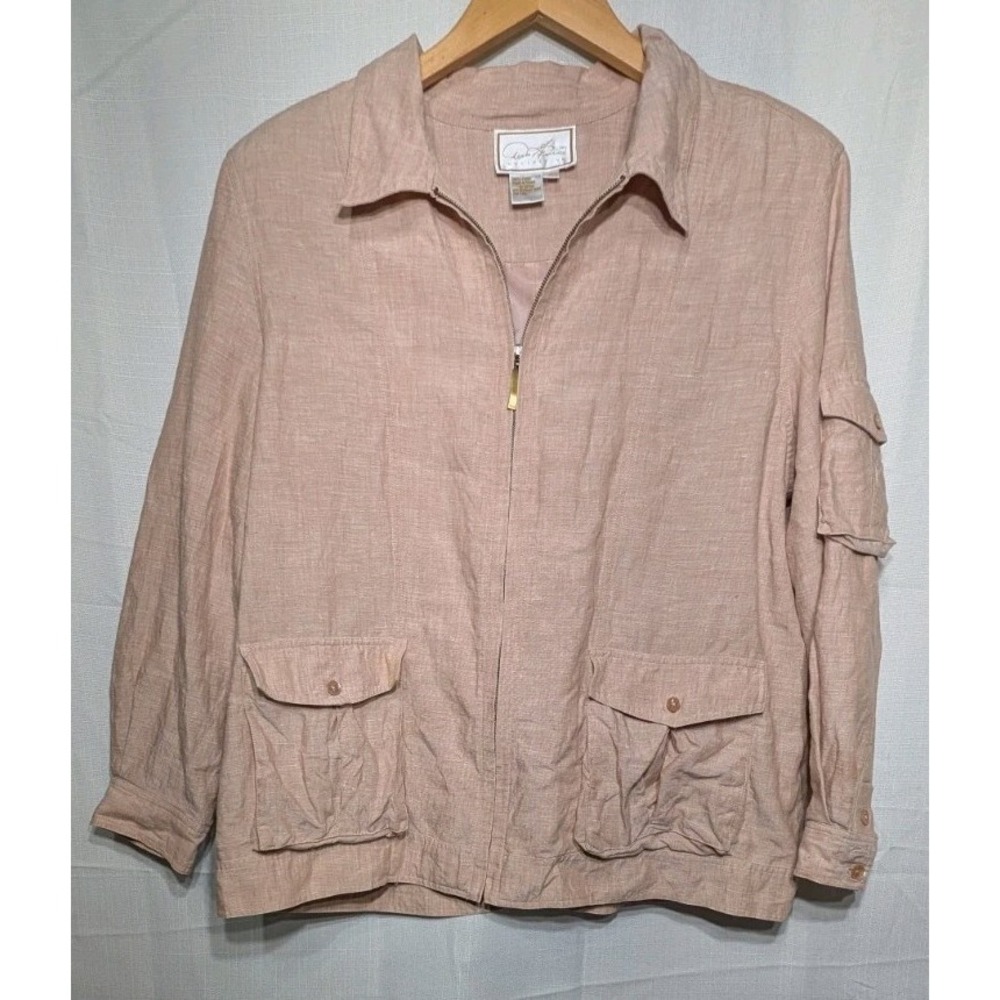 Diane Gilman Vintage Women's‎ Linen Full Zip Jacket Sz XL Pockets Utility Safari - Picture 2 of 7